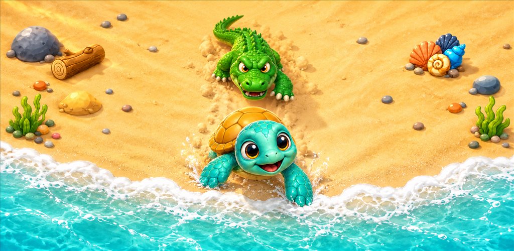A baby sea turtle runs toward the surf while a cartoon crocodile chases it on a sandy beach